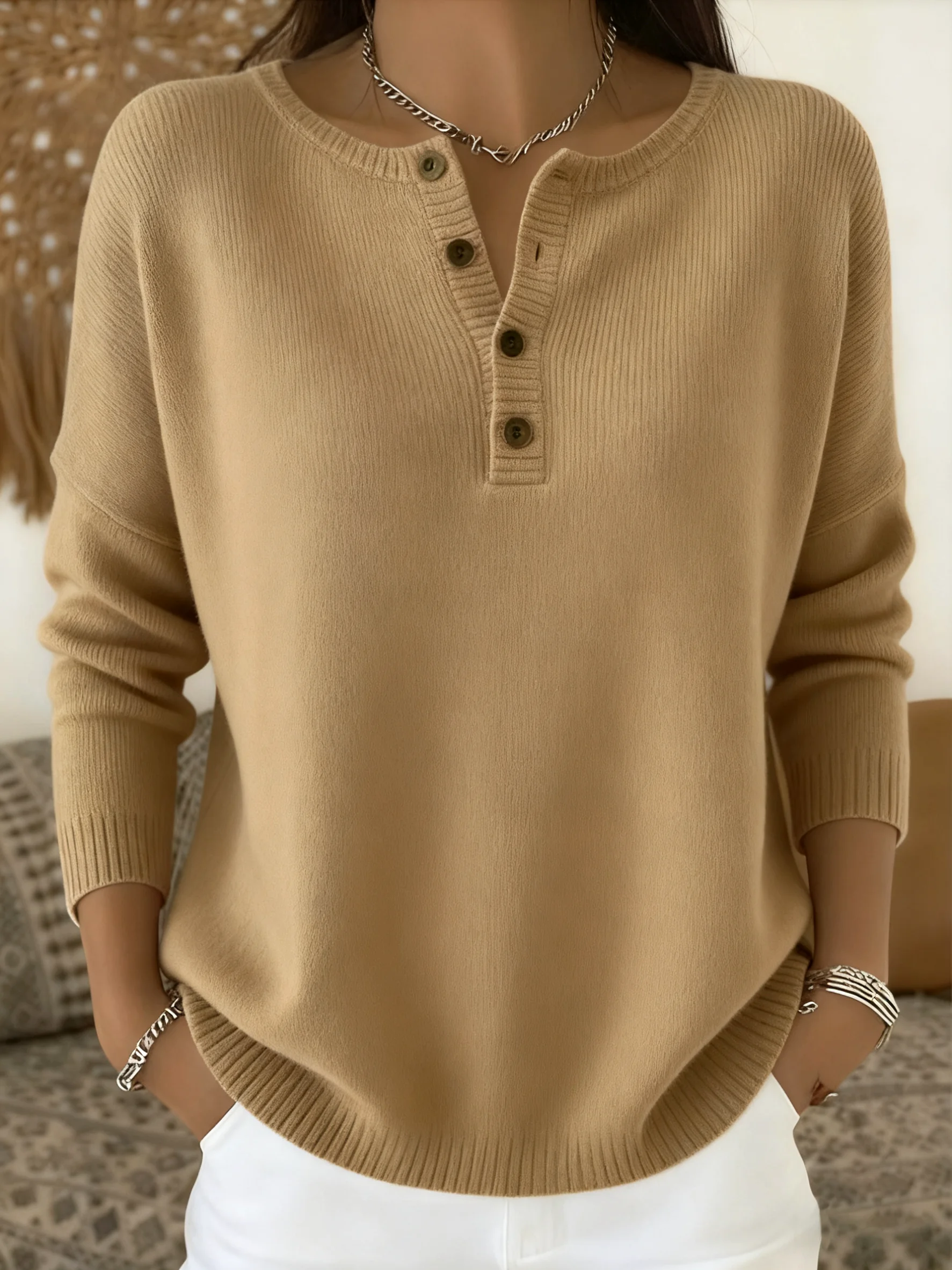 Women Cotton Plain Long Sleeve Comfy Casual Sweater