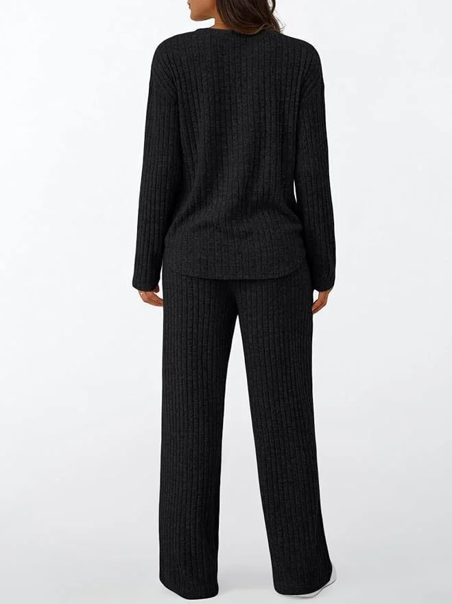 Women Plain Two-Piece Set Daily Long Sleeve Casual Spring/Fall Top With Pants Matching Set