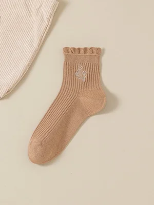 Cotton Embroidery Sweat-absorbent Trendy Japanese Style Cute Fungus Lace Mid-tube Women's Socks Breathable Pile Socks