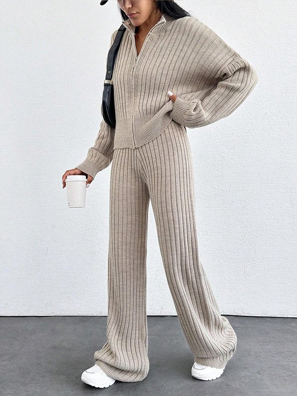 Women Plain Two-Piece Set Daily Long Sleeve Casual Spring/Fall Top With Pants Matching Set