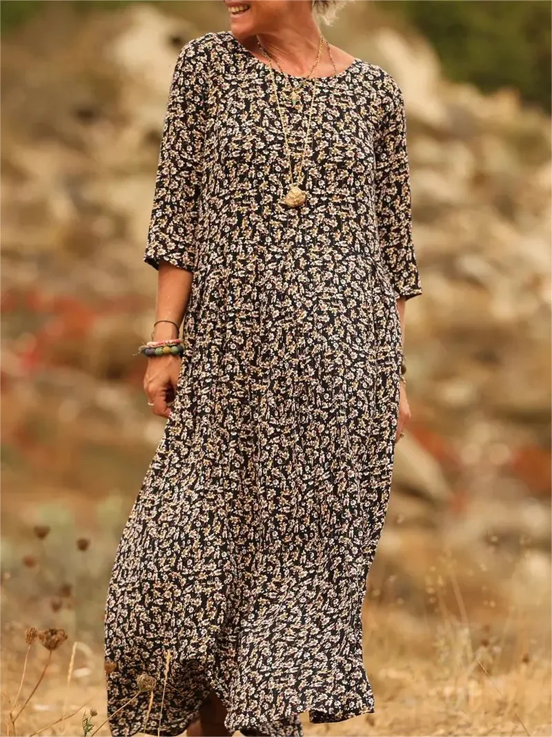 Women Floral Summer Dress Crew Neck Half Sleeve H-Line Dress