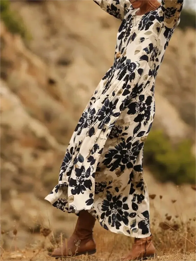 Women Floral Summer Dress Crew Neck Half Sleeve H-Line Dress