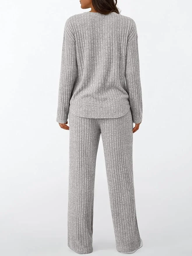 Women Plain Two-Piece Set Daily Long Sleeve Casual Spring/Fall Top With Pants Matching Set