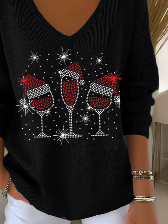 Casual Christmas V Neck Long Sleeve T-shirt