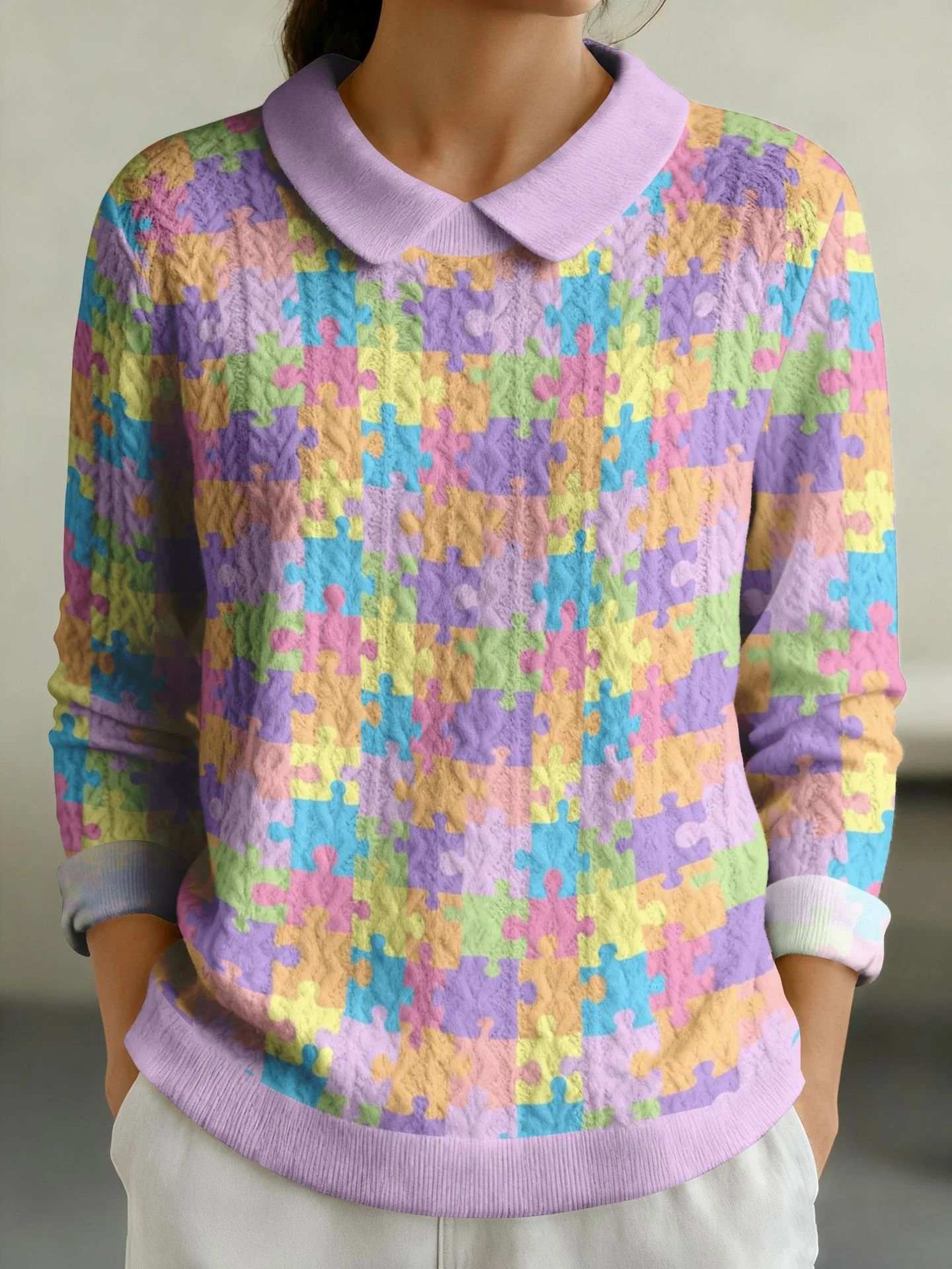 Women Cotton Geometric Long Sleeve Comfy Casual Sweater