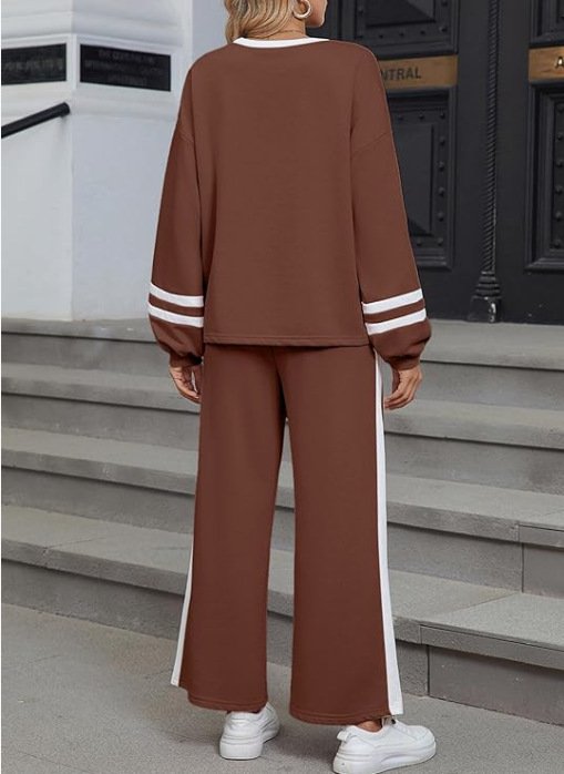 Women Color Block Two-Piece Set Daily Long Sleeve Casual Spring/Fall Top With Pants Matching Set