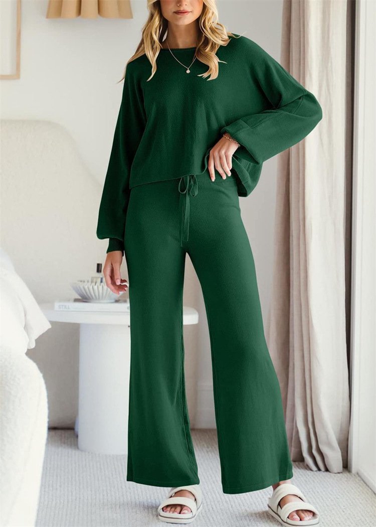 Women Plain Two-Piece Set Daily Long Sleeve Casual Spring/Fall Top With Pants Matching Set