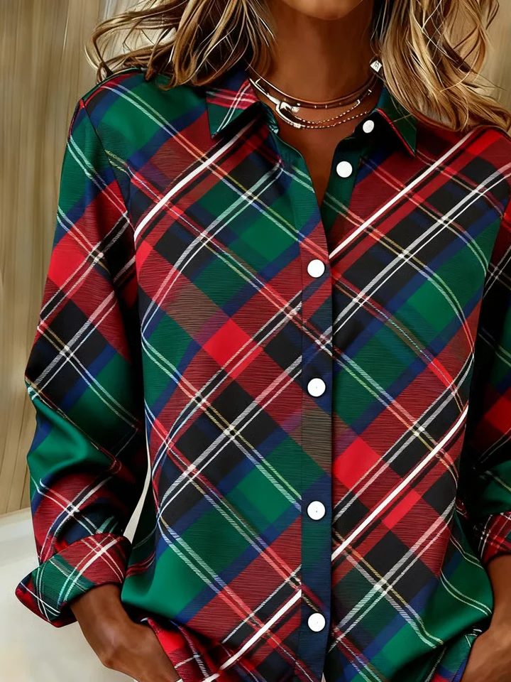 Shirt Collar Regular Sleeve Long Sleeve Plaid Buckle Regular Loose Button Up Shirt Shirt For Women