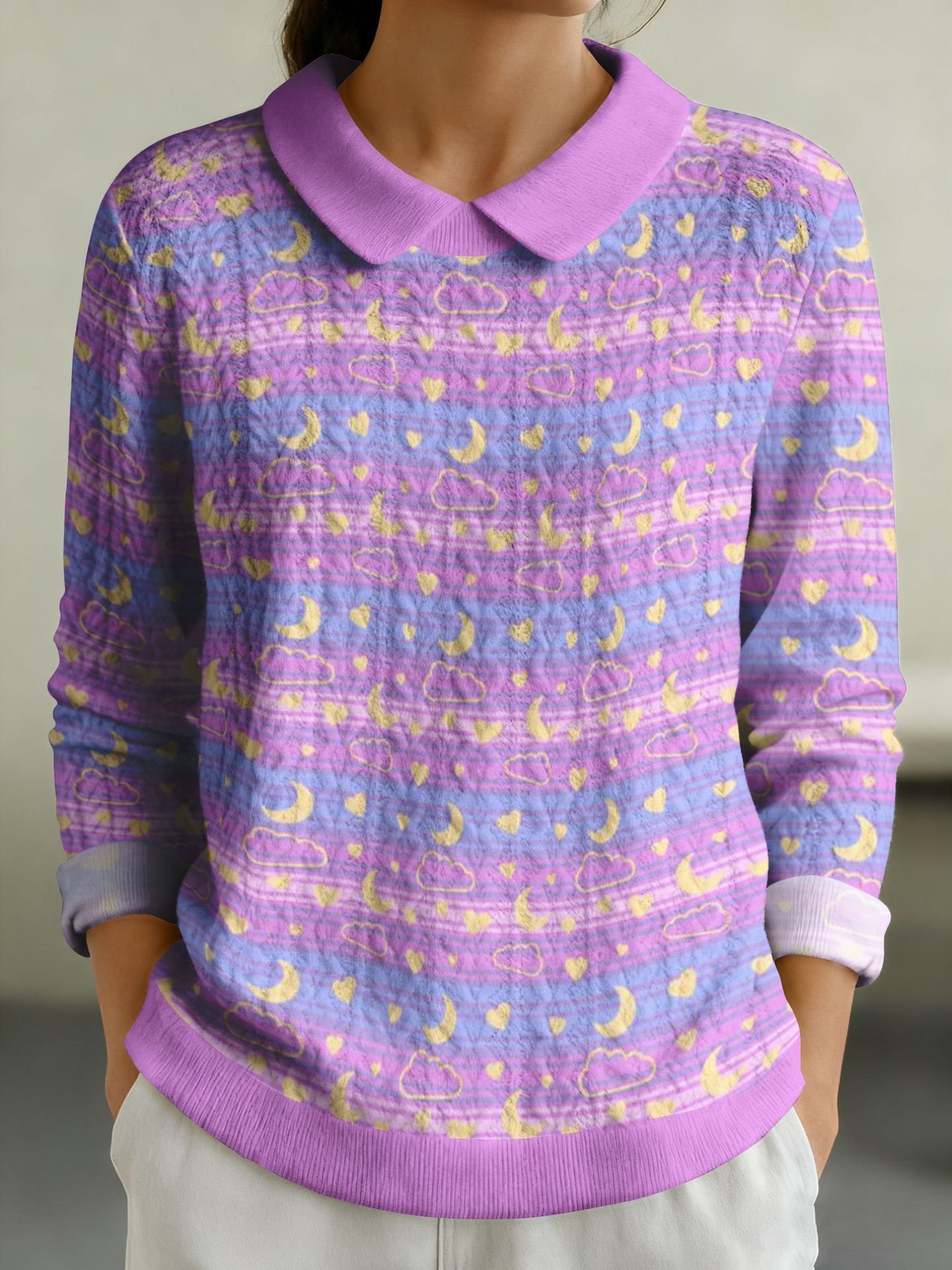 Women Cotton Geometric Long Sleeve Comfy Casual Sweater