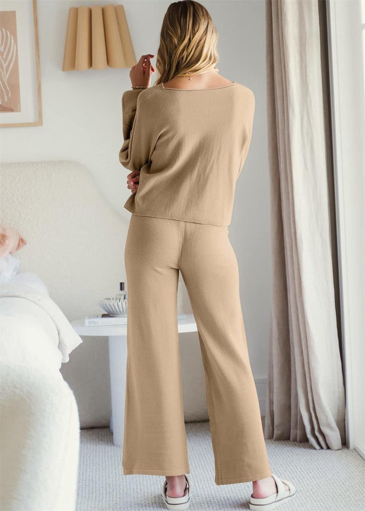 Women Plain Two-Piece Set Daily Long Sleeve Casual Spring/Fall Top With Pants Matching Set