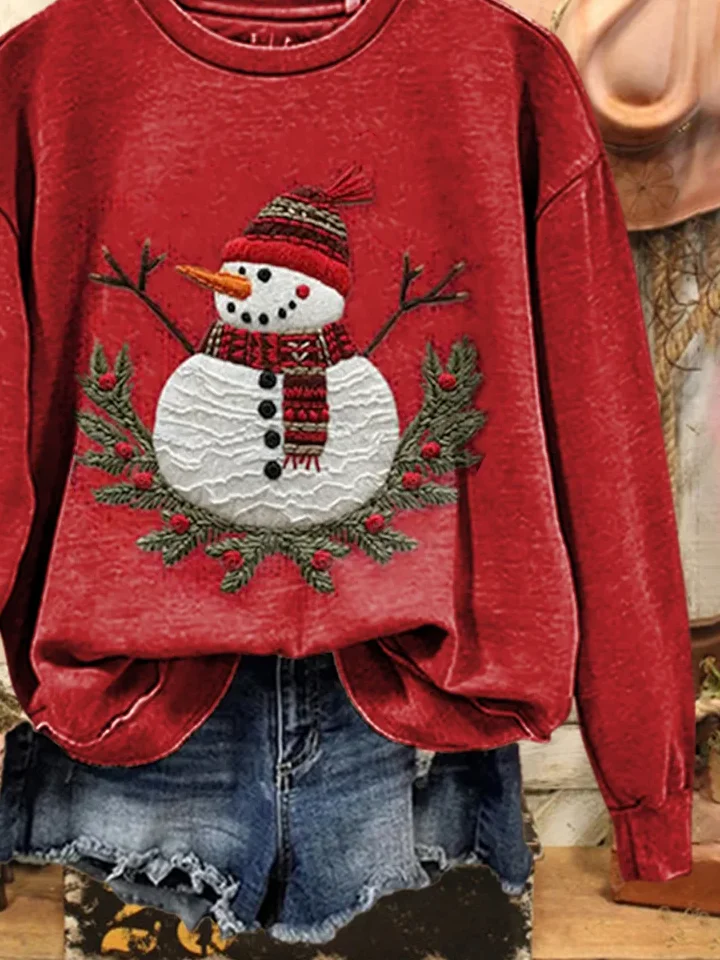 Casual Crew Neck Christmas Snowman Sweatshirt Printing