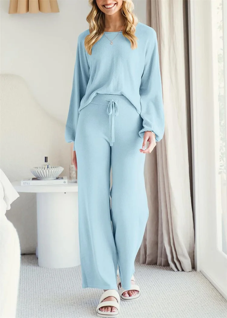 Women Plain Two-Piece Set Daily Long Sleeve Casual Spring/Fall Top With Pants Matching Set