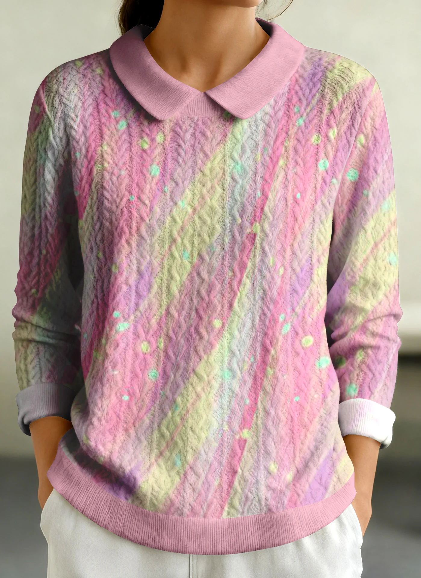 Women Cotton Geometric Long Sleeve Comfy Casual Sweater