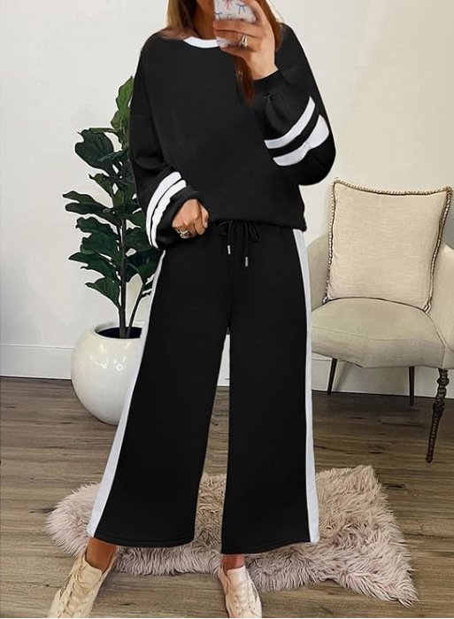 Women Color Block Two-Piece Set Daily Long Sleeve Casual Spring/Fall Top With Pants Matching Set