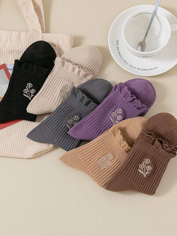 Cotton Embroidery Sweat-absorbent Trendy Japanese Style Cute Fungus Lace Mid-tube Women's Socks Breathable Pile Socks