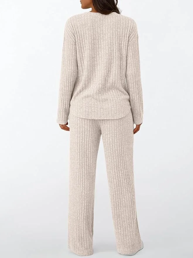 Women Plain Two-Piece Set Daily Long Sleeve Casual Spring/Fall Top With Pants Matching Set