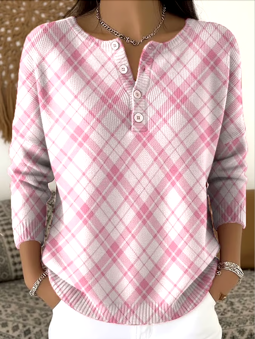 Women Cotton Geometric Long Sleeve Comfy Casual Sweater