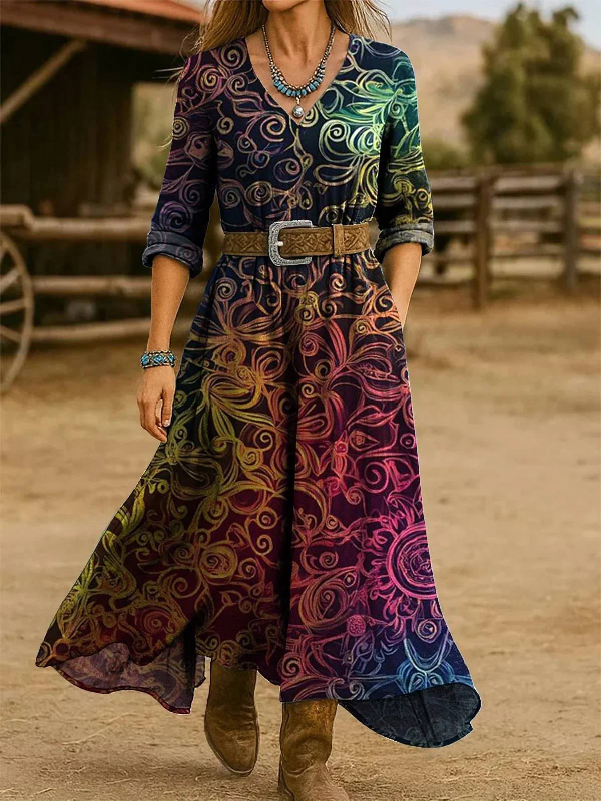 Women Floral Spring/Fall Dress V Neck Long Sleeve H-Line Dress