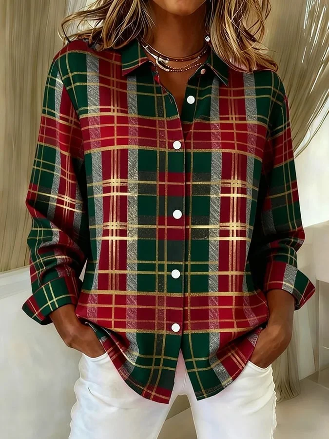 Shawl Collar Long Sleeve Plaid Regular Loose Shirt For Women