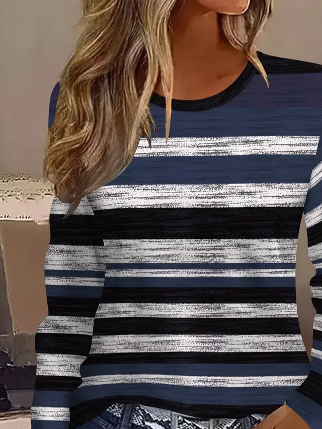 Casual Striped Crew Neck Long Sleeve T-shirt