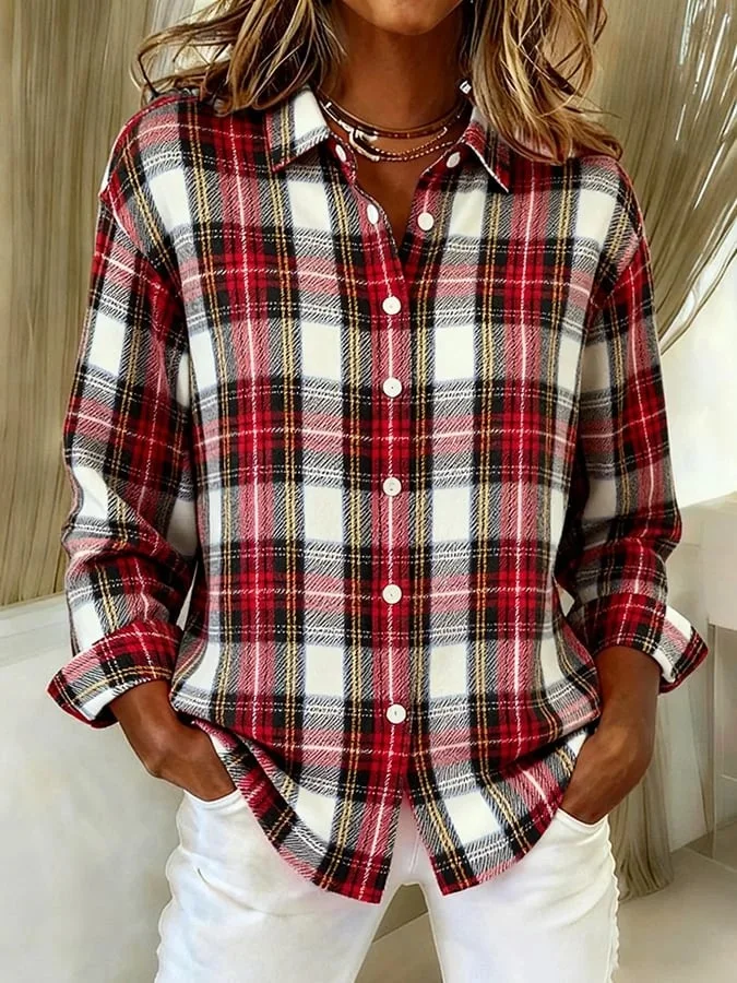 Shawl Collar Long Sleeve Plaid Regular Loose Shirt For Women