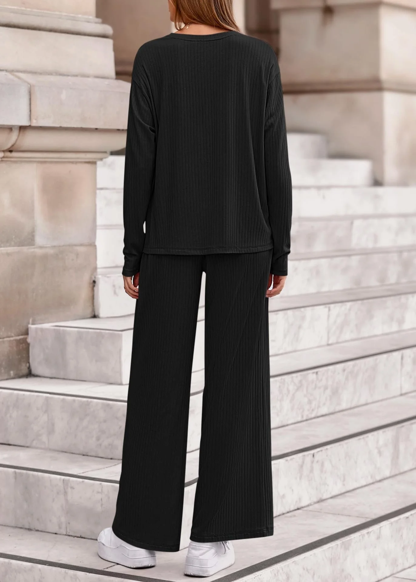 Women Plain Two-Piece Set Daily Long Sleeve Casual Spring/Fall Top With Pants Matching Set