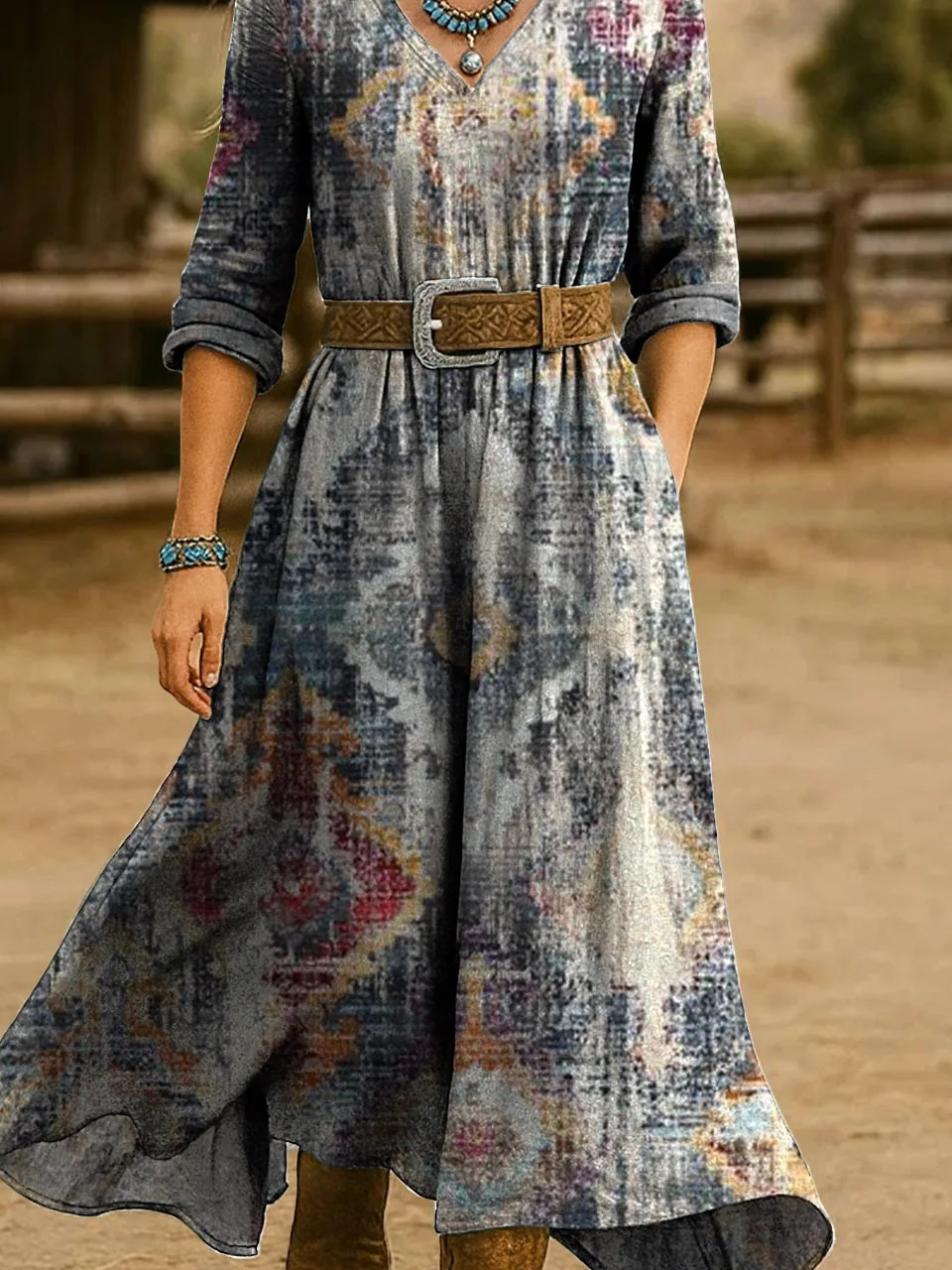 Women Ethnic Spring/Fall Dress V Neck Long Sleeve H-Line Dress