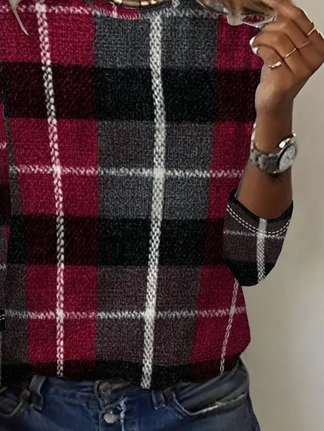 Casual Plaid Crew Neck Long Sleeve T-shirt