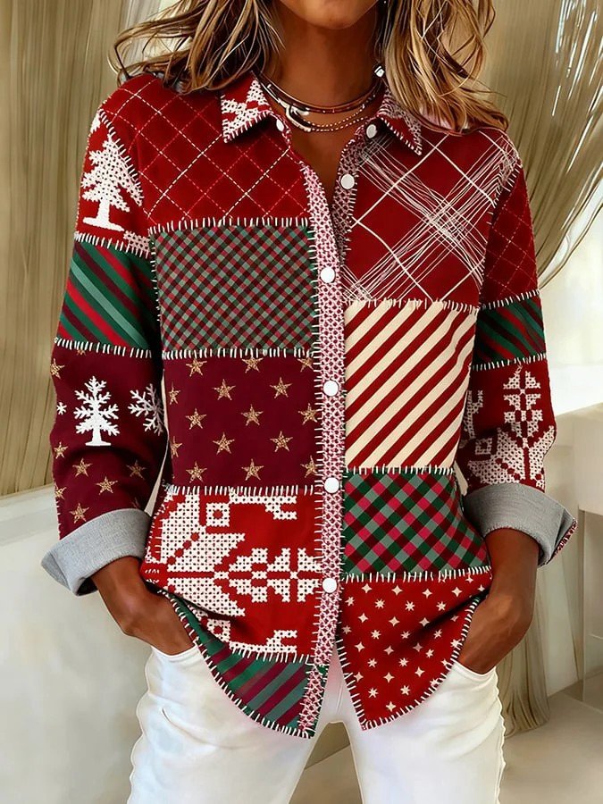 Shawl Collar Long Sleeve Gradient Pattern Regular Loose Shirt For Women