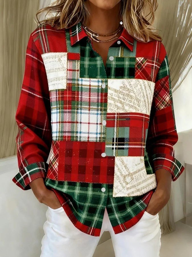 Shawl Collar Long Sleeve Geometric Regular Loose Shirt For Women