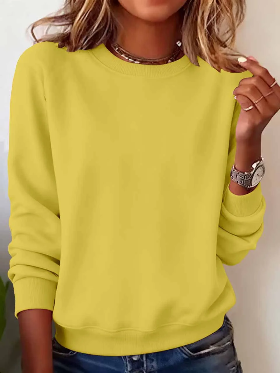 Casual Crew Neck Plain Sweatshirt