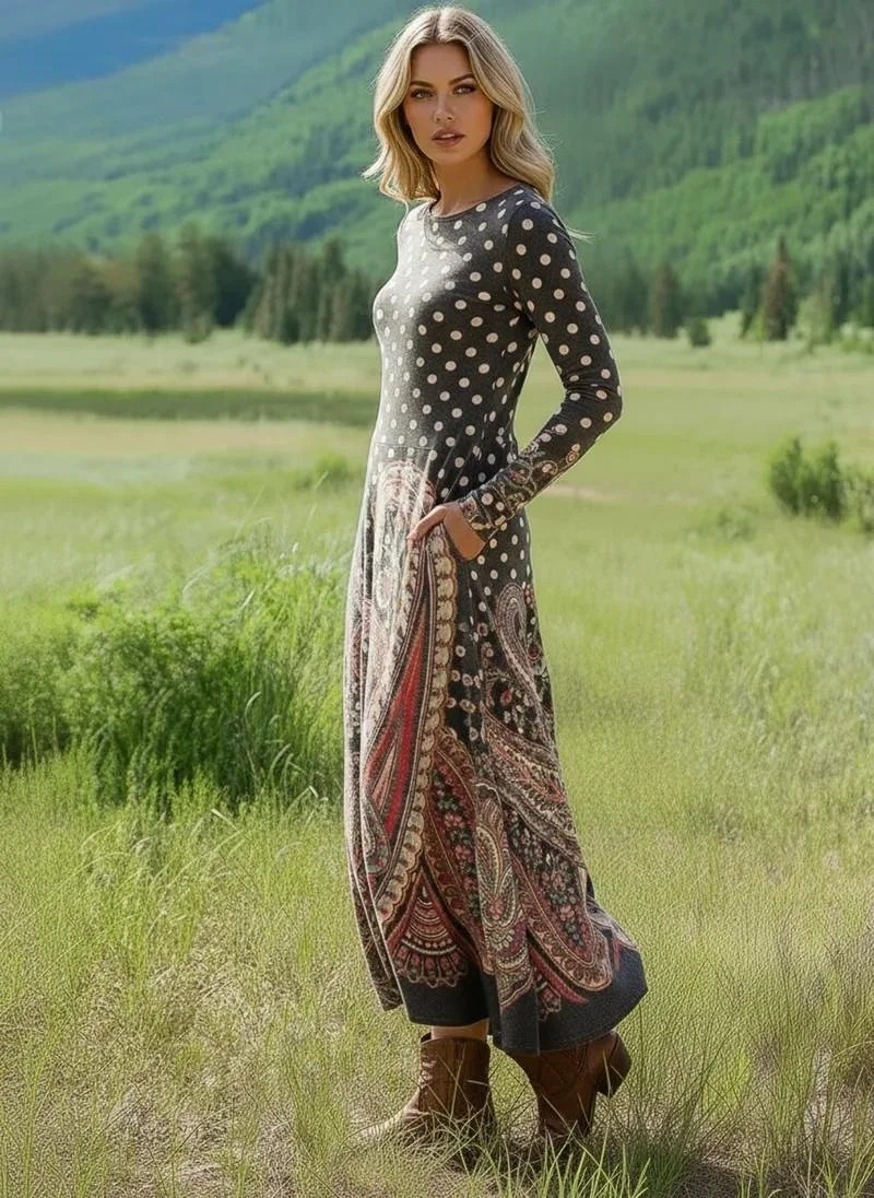 Women Floral Summer Dress Crew Neck Long Sleeve H-Line Dress