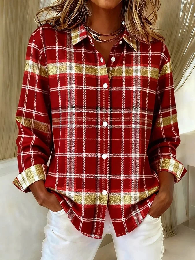 Shawl Collar Long Sleeve Plaid Regular Loose Shirt For Women