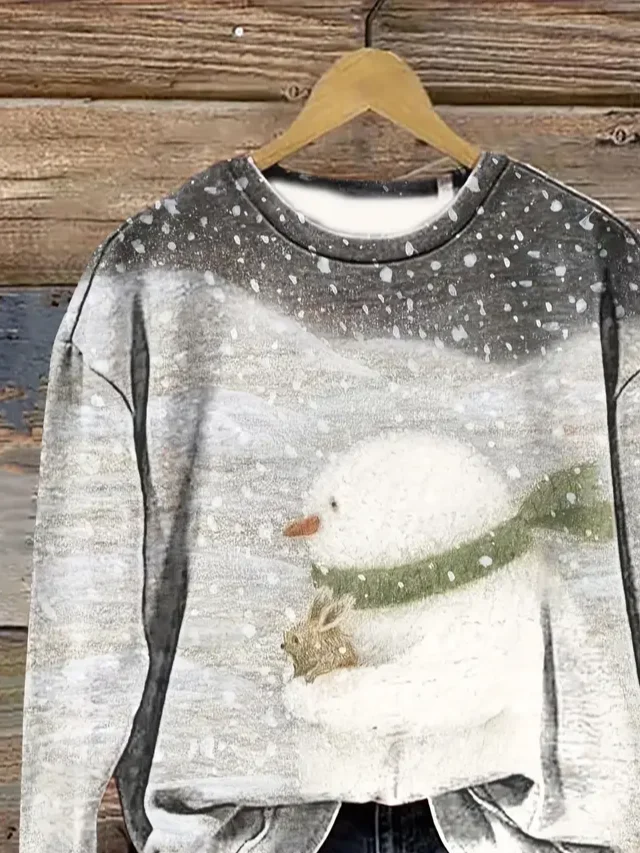 Casual Crew Neck Christmas Snowman Sweatshirt Printing