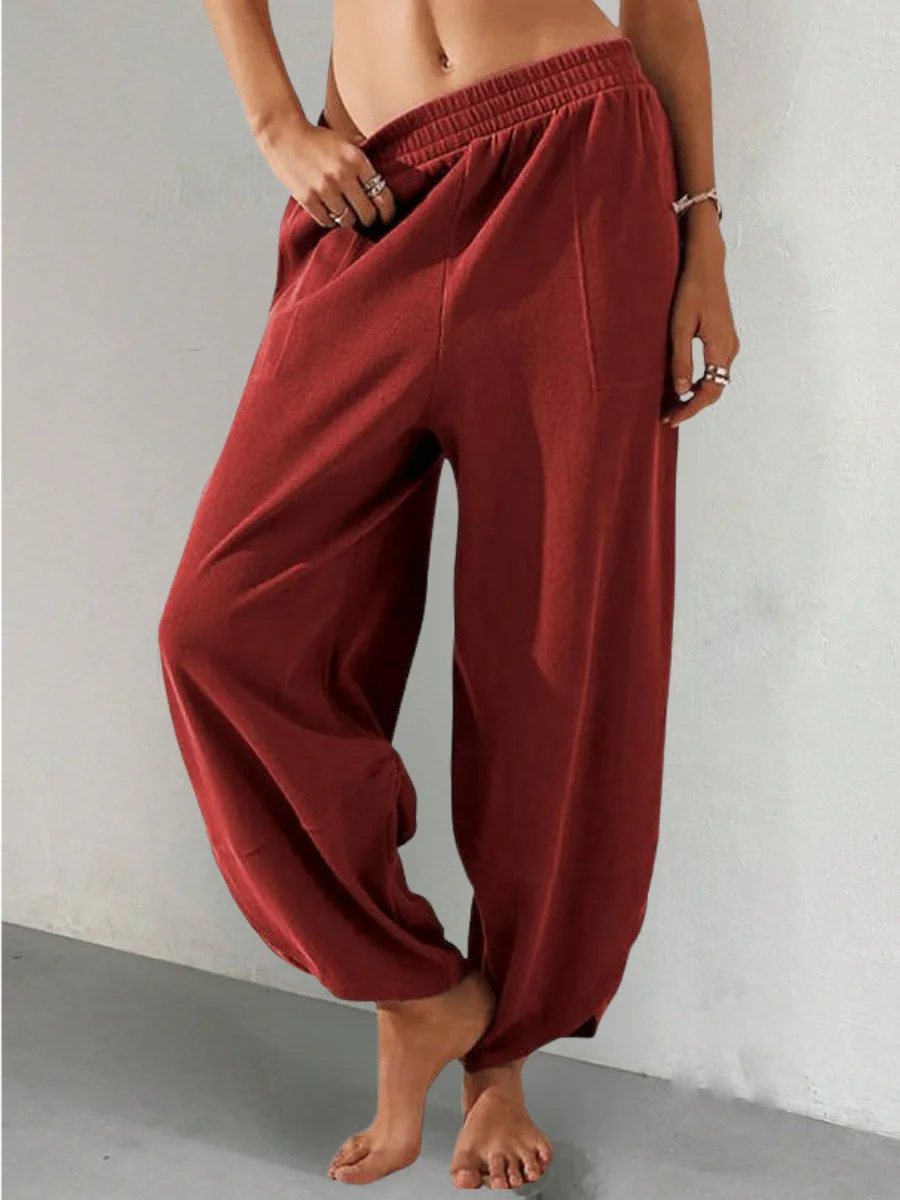 Women Plain Long Elastic Waist Pants Casual Spring/Fall Trousers