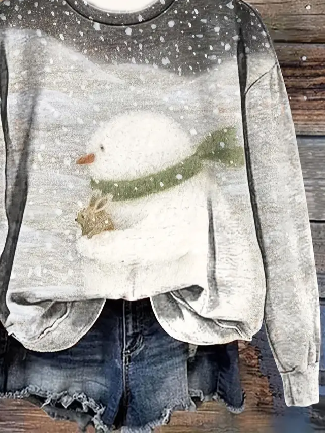 Casual Crew Neck Christmas Snowman Sweatshirt Printing