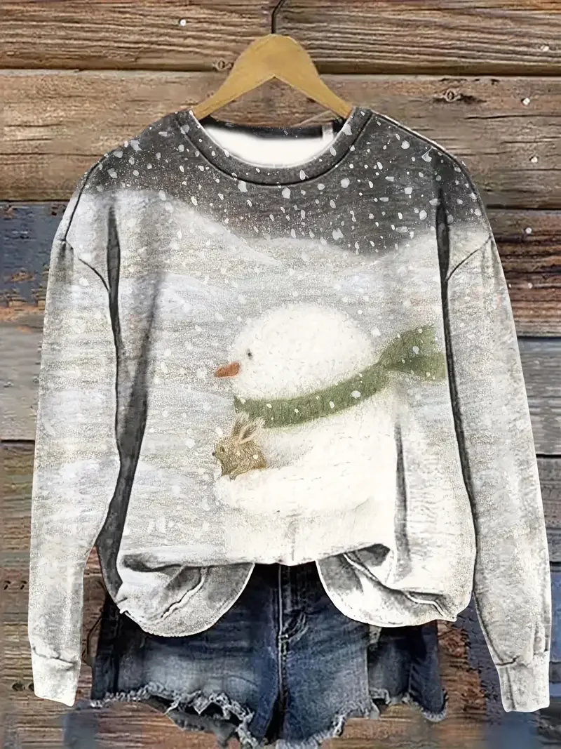 Casual Crew Neck Christmas Snowman Sweatshirt Printing
