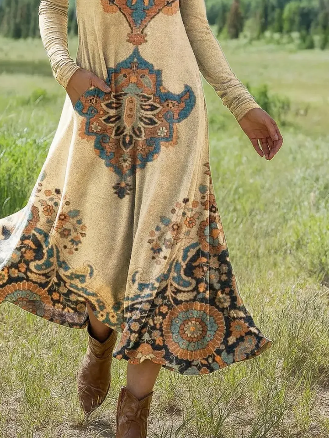 Women Geometric Summer Dress Crew Neck Long Sleeve H-Line Dress