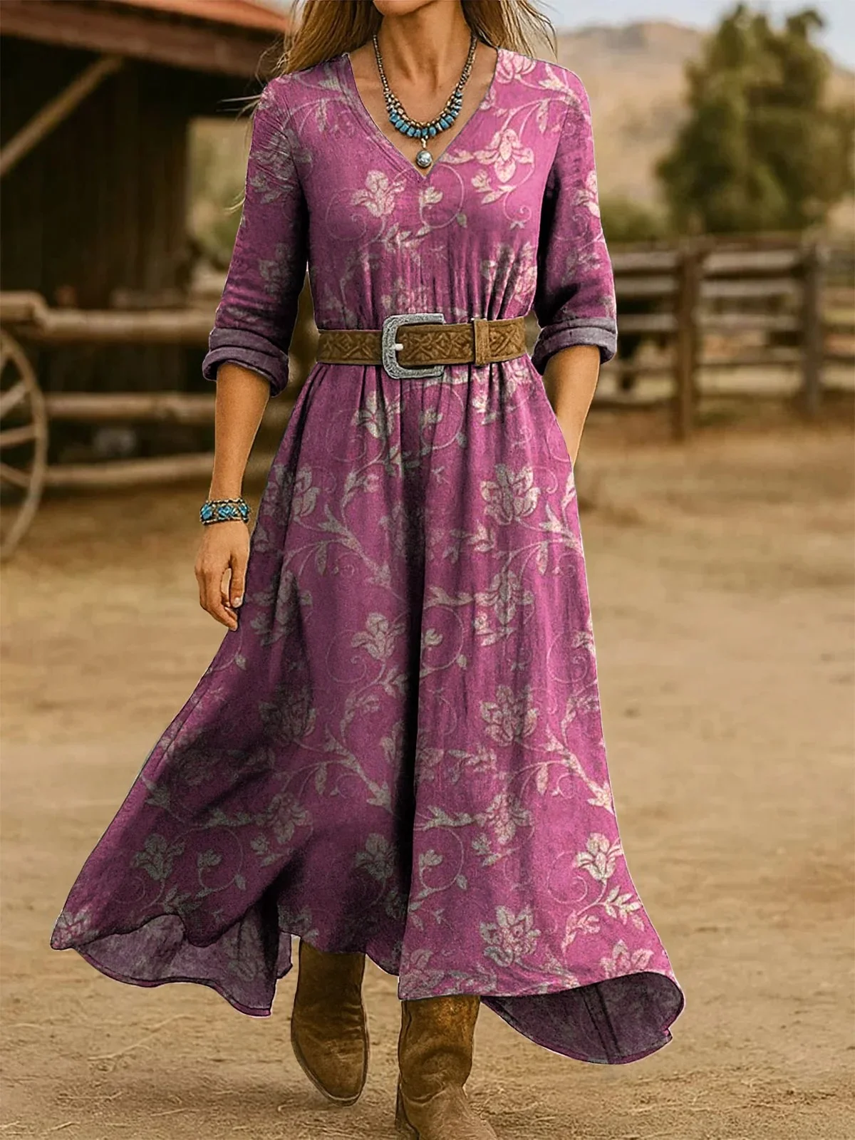 Women Gradient Pattern Spring/Fall Dress V Neck Long Sleeve H-Line Dress