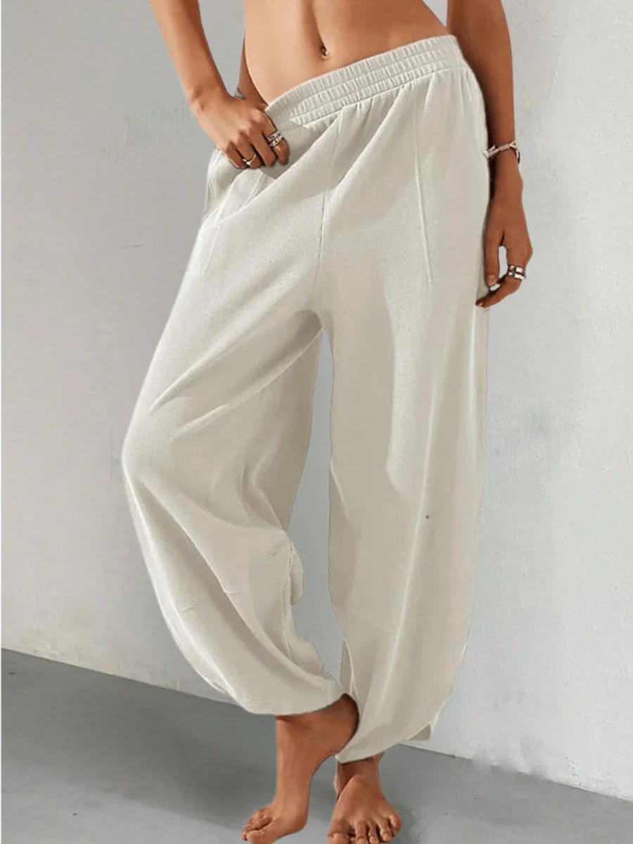 Women Plain Long Elastic Waist Pants Casual Spring/Fall Trousers