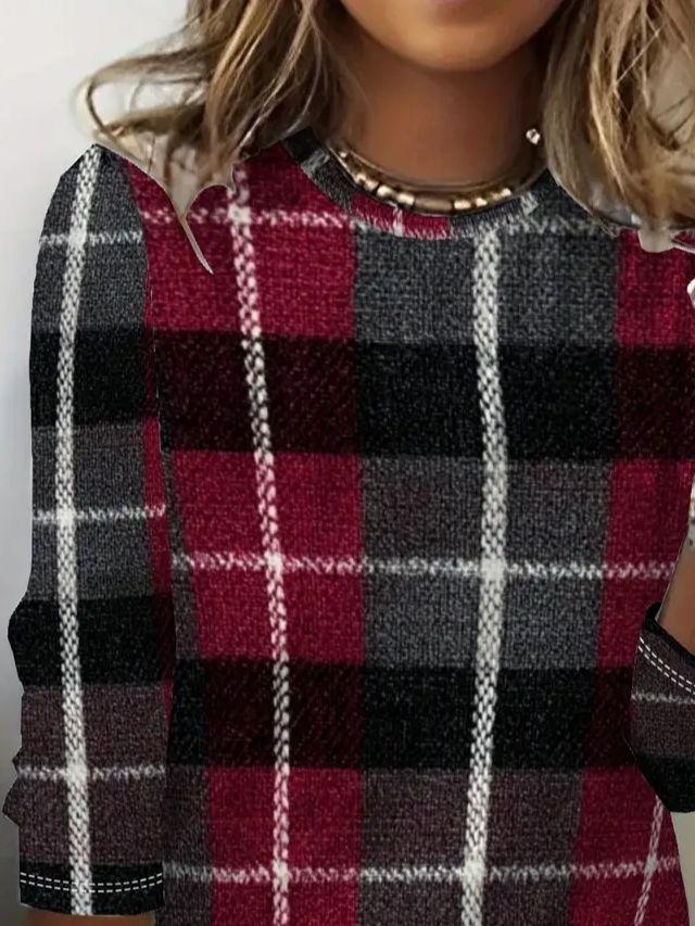 Casual Plaid Crew Neck Long Sleeve T-shirt