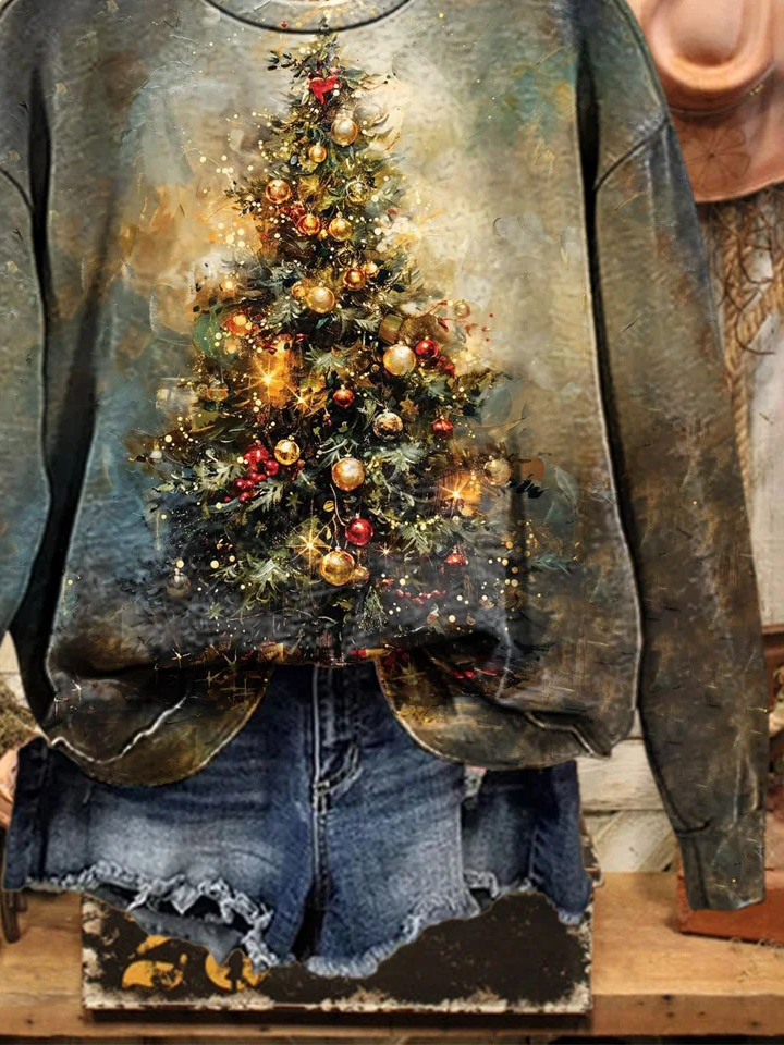 Casual Crew Neck Christmas Sweatshirt Printing