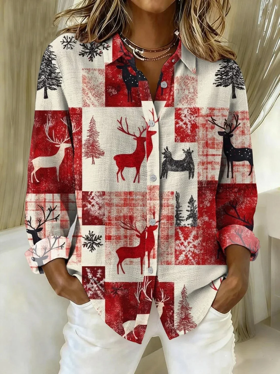 Shawl Collar Long Sleeve Geometric Regular Loose Shirt For Women