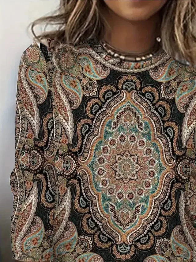 Casual Ethnic Crew Neck Long Sleeve T-shirt