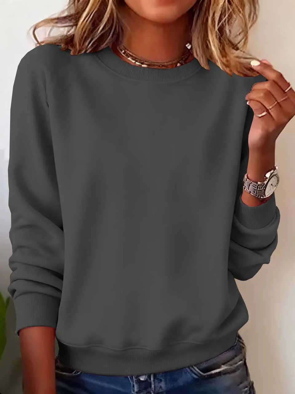 Casual Crew Neck Plain Sweatshirt