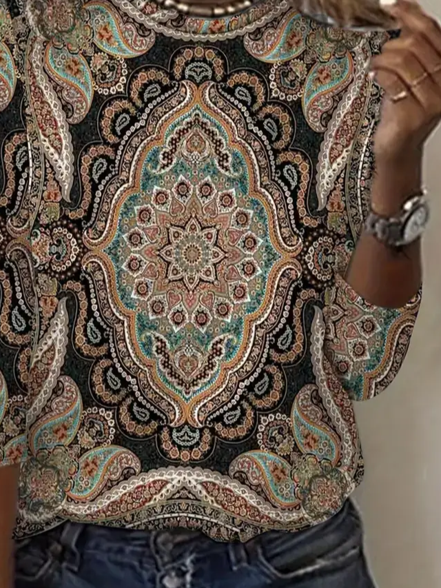 Casual Ethnic Crew Neck Long Sleeve T-shirt