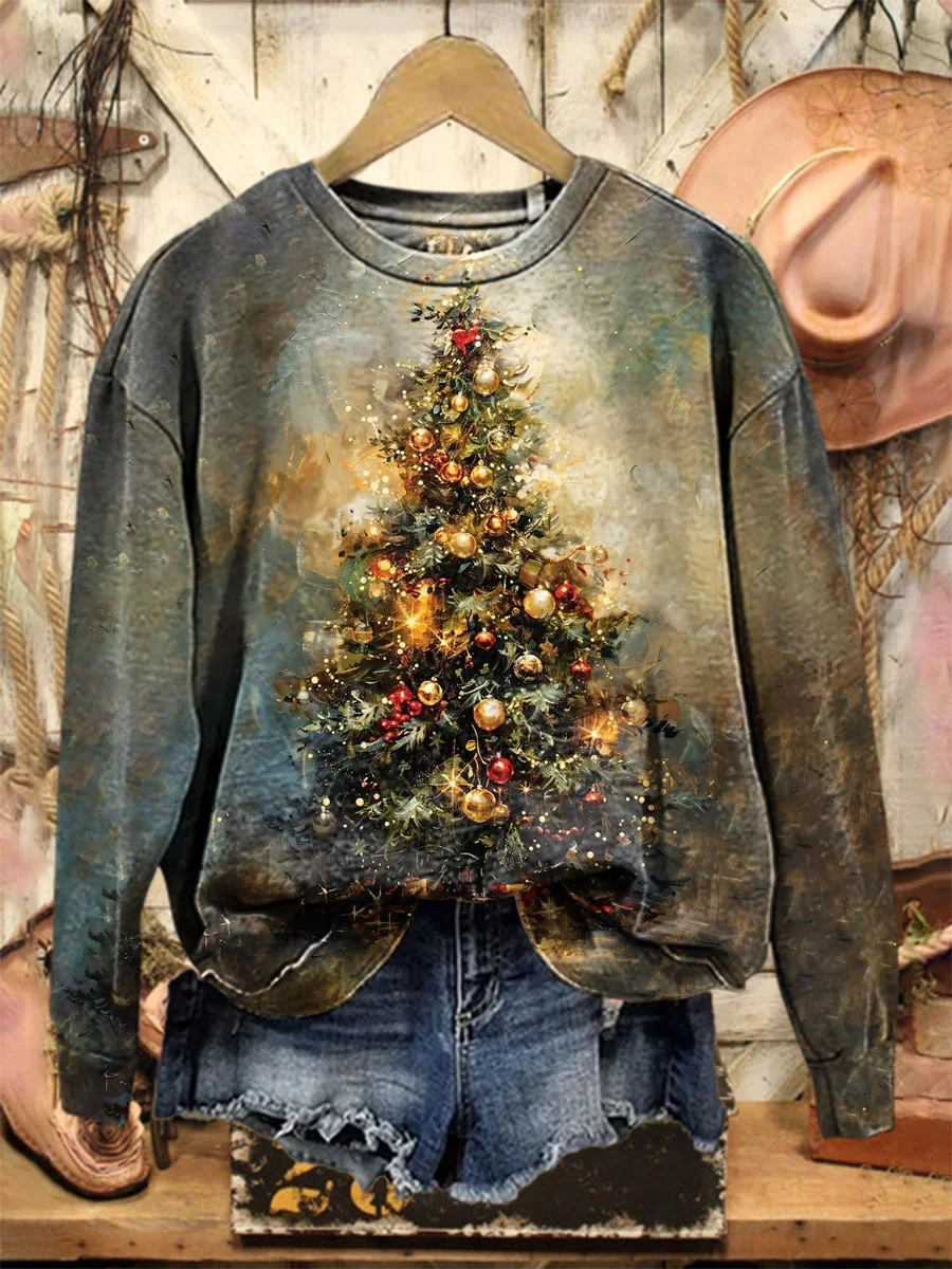 Casual Crew Neck Christmas Sweatshirt Printing