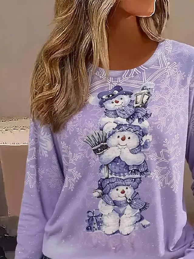 Casual Christmas Snowman Crew Neck Long Sleeve T-shirt
