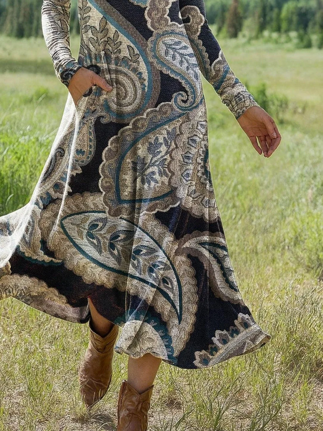 Women Floral Summer Dress Crew Neck Long Sleeve H-Line Dress