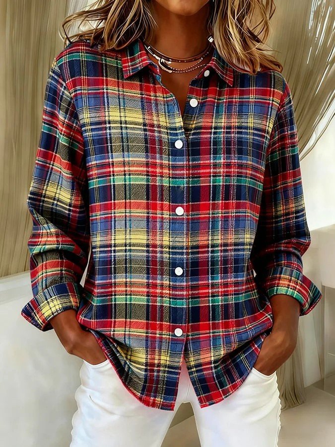 Shawl Collar Long Sleeve Plaid Regular Loose Shirt For Women